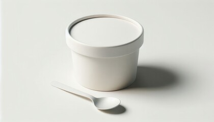 A closed white ice cream tub with a small white plastic spoon lying next to it on a white background...Concept: Minimalist product packaging, ice cream mockup, branding.