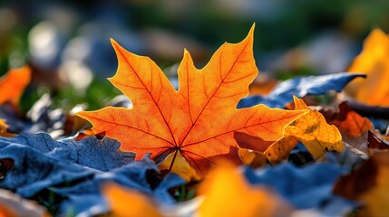 A single orange maple leaf stands out against a bed of fallen autumn leaves.