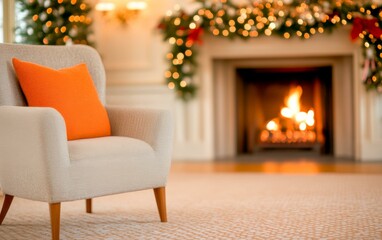 Chair with pillow by fireplace