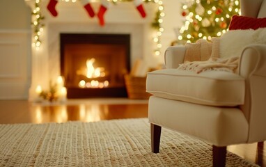 Festive living room with Christmas tree and fireplace