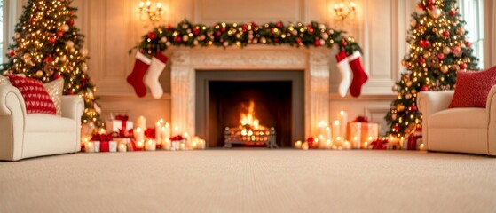 Fototapeta premium Christmas tree and fireplace in cozy living room