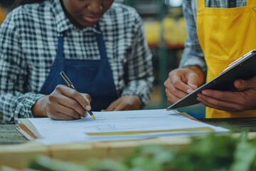 A chef in a restaurant kitchen writing down a food order, emphasizing teamwork, communication, and culinary organization.