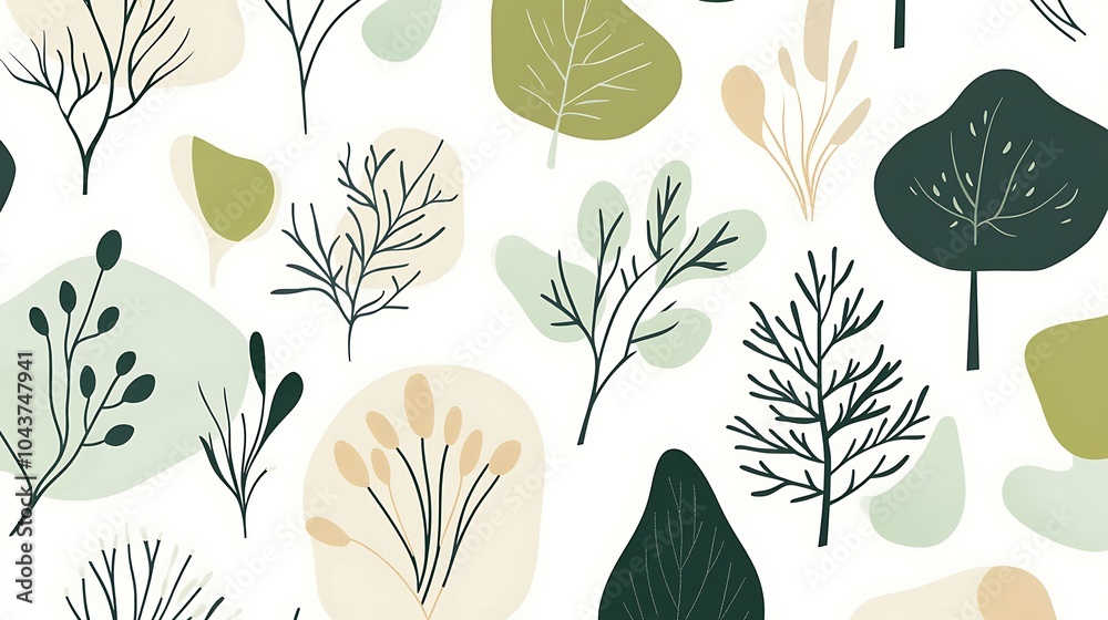 Poster Abstract botanical pattern with green leaves and branches on a white background.