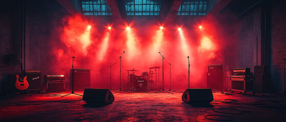 Red Stage Lights with Fog and Band Equipment Ready for Concert