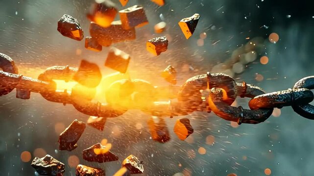 A chain is broken into pieces, with the chain links scattered all over the place