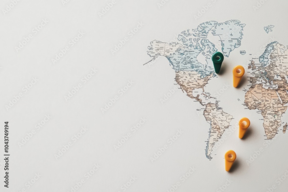 Poster a world map outline features vibrant pins highlighting popular travel destinations for future advent