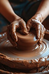 Hands shaping clay on pottery wheel, art and craftsmanship