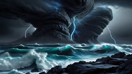 Naklejka premium Stormy sea wallpaper with massive waves crashing against the rocky shore
