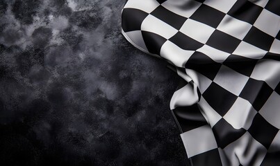 Black and white checkered flag on a black background with copy space for text or design, top view. 
