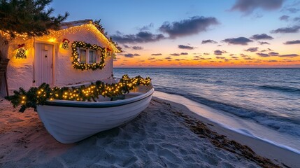 Obraz premium Boat with Christmas tree by beach