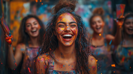 Fototapeta premium A group of friends standing around a canvas, enthusiastically splattering paint with brushes and hands. Their faces are full of laughter and concentration as droplets of colorful p