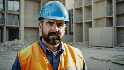 Portraitconstruction worker Wearing Hard Hat and Safety Vest Standing on a Construction Site