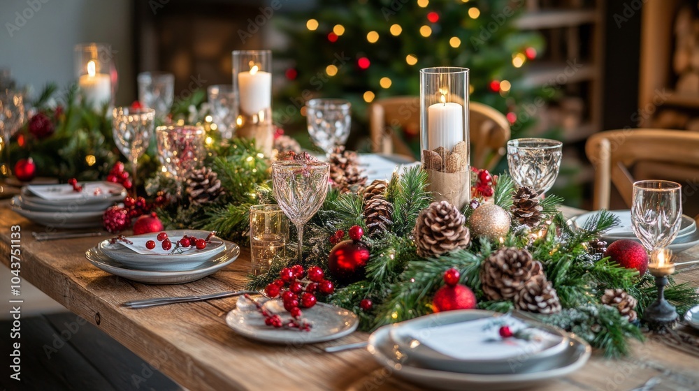 Poster a table is set for a christmas dinner with a centerpiece of pinecones