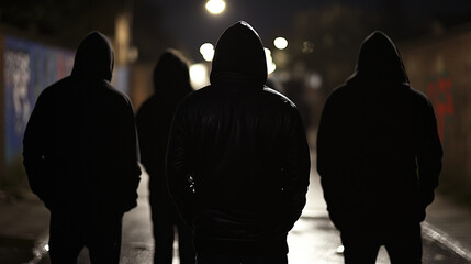 A group of youths wearing hoodies in a bleak urban setting, there is a sense of danger or criminal intent, gang activity - landscape ratio 16:9