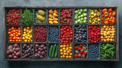 aerial view of neatly arranged crates bursting with vibrant fruits and vegetables depicting a thriving logistics and distribution scene in the fresh produce industry