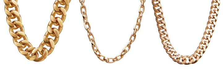gold chains, showcasing their shiny texture and elegant design. clipart, isolated on transparent background