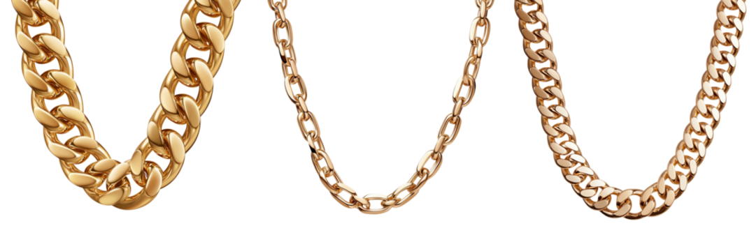 gold chains, showcasing their shiny texture and elegant design. clipart, isolated on transparent background