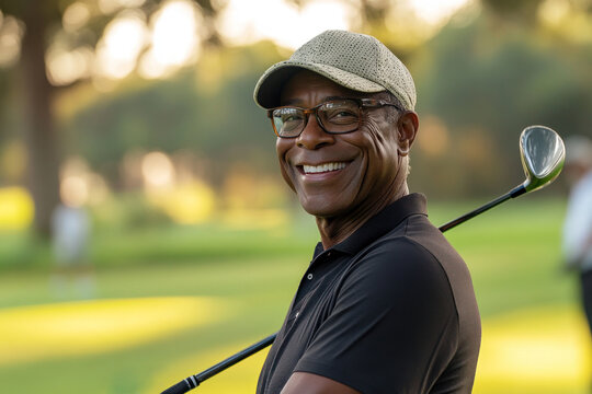 prosperous elderly african american golfer enjoying golf on course with big smile. senior activity, retirement leisure, hobby. banner with copy space