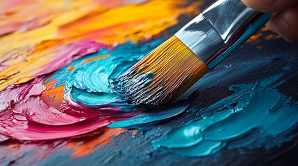 Fototapeta premium A detailed close-up of paint dripping slowly from a brush onto a canvas. The artistâs hand hovers just above the surface, guiding the paint in thick, vibrant lines. The artistâs fa