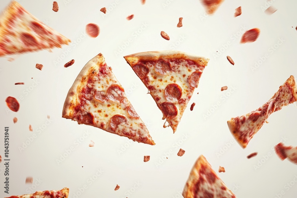 Poster Large pizza slices hover dynamically against a light backdrop, bringing a vibrant energy ideal for food-themed events and promotions. Generative AI