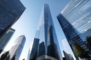A sleek modern skyscraper with reflective glass facade standing tall amidst other contemporary buildings Clear blue sky overhead