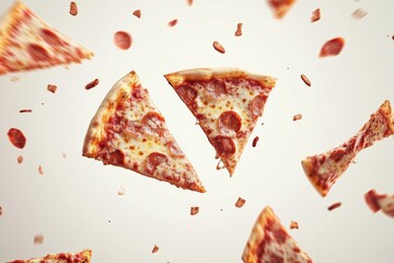 Large pizza slices hover dynamically against a light backdrop, bringing a vibrant energy ideal for food-themed events and promotions. Generative AI