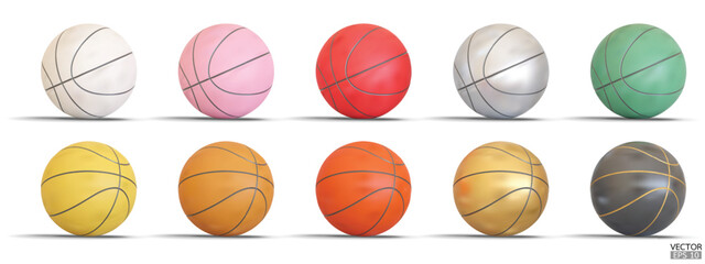 Obraz premium Collection of Realistic basketball isolated on white background. Set of 3D Basketballs in different colors. Sport for healthy life style concept. 3D Vector illustration.