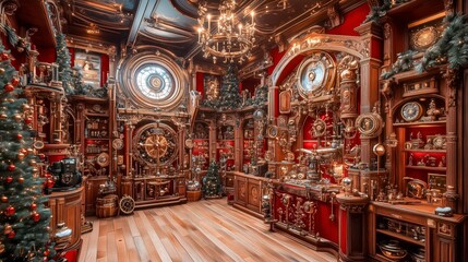 Naklejka premium Intricate Victorian-style Room Adorned With Holiday Decor and Ornate Machinery Details