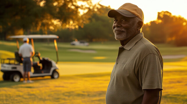 elderly wealthy african american golfer enjoying sunset on golf course at autumn. senior activity, leisure. banner with copy space