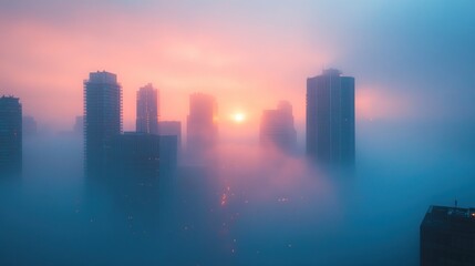 Fototapeta premium A foggy sunrise over a city skyline with tall buildings.