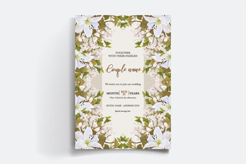 WEDDING INVITATION FRAME WITH FLOWER DECORATIONS AND FRESH LEAVES