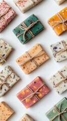 Fototapeta premium Stylish plant-based soap bar wrapped in biodegradable packaging, neatly arranged on a bright white background, perfect for eco-conscious beauty enthusiasts