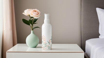 Bottle of air freshener next to flowers