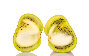 Two halves of ripe juicy kiwi, macro, isolated on white background.