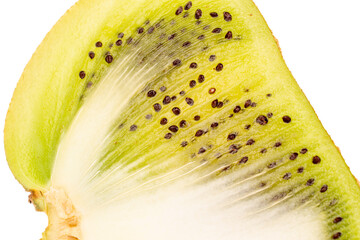 One half of ripe juicy kiwi, macro, isolated on white background.