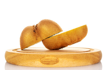 Two halves of ripe juicy kiwi on a wooden tray, macro, isolated on white background.