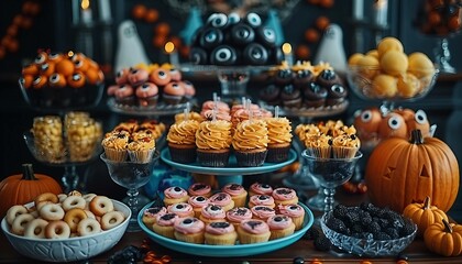 Fototapeta premium DIY Halloween Treat Bar, festive DIY treat bar where party guests can decorate Halloween-themed cupcakes, cookies, and candy apples.