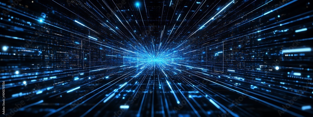 Poster abstract digital tunnel with glowing blue lines and digital code.