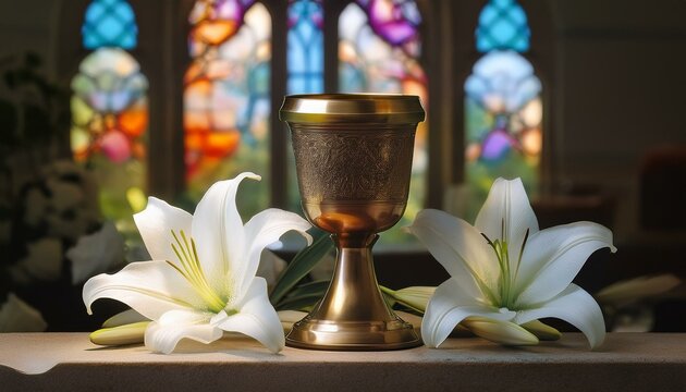 A bronze chalice resting on a stone altar surrounded by small, white lilies.