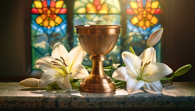 A bronze chalice resting on a stone altar surrounded by small, white lilies.