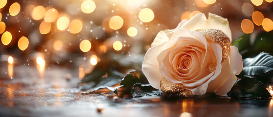 Single Golden Rose with Bokeh Lights for Romantic Background