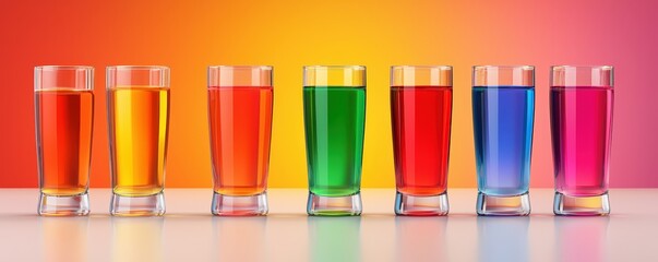 Fototapeta premium A vibrant display of colorful drinks in clear glasses against a gradient background.