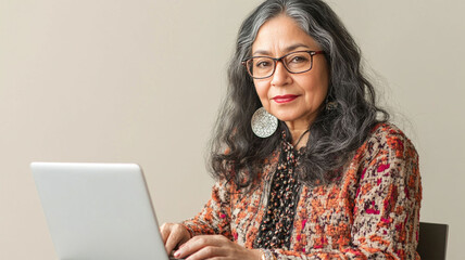 Happy senior latin woman using a computer looking at the camera. old woman with gray hair