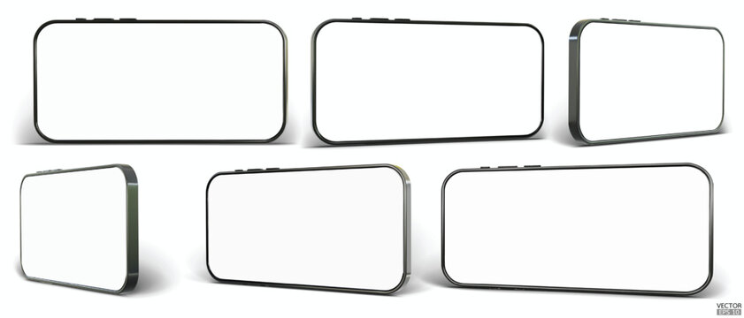 3D Horizontal smartphone mockup with white screen. Black mobile phone isolated on white background. Landscape phone. 3d vector illustration