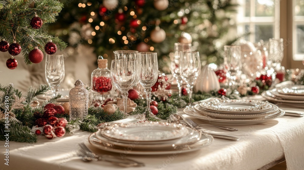 Poster A table is set with a Christmas tree in the background and a white tablecloth