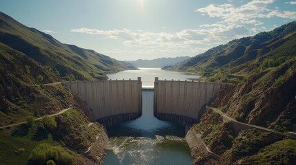 Serene Mountain Dam Oasis Aerial Symmetry, Tranquil Reservoir, Nature's Harmony - Peaceful Engineering Marvel for Nature Lovers and Educational Content
