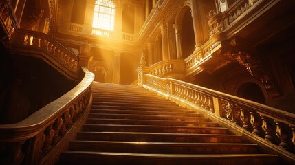 A grand staircase in a historic palace, with sunlight streaming in through a large window, creating a dramatic and ethereal atmosphere.