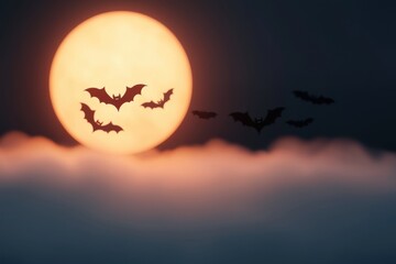 Bats flying across a full moon, silhouetted against a cloudy sky.