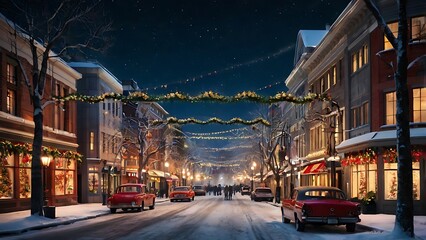 Snowy Christmas Town, A picturesque winter scene of a charming town adorned with twinkling lights and festive decorations, creating a warm and magical atmosphere.