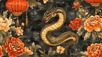 Golden dragon with floral accents on a dark background.